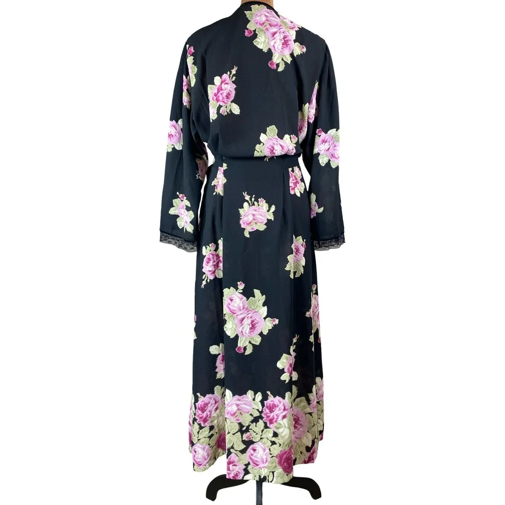 Vintage Oscar de la Renta Pink Label Floral Wrap Robe Rose Chiffon Lace Maxi M